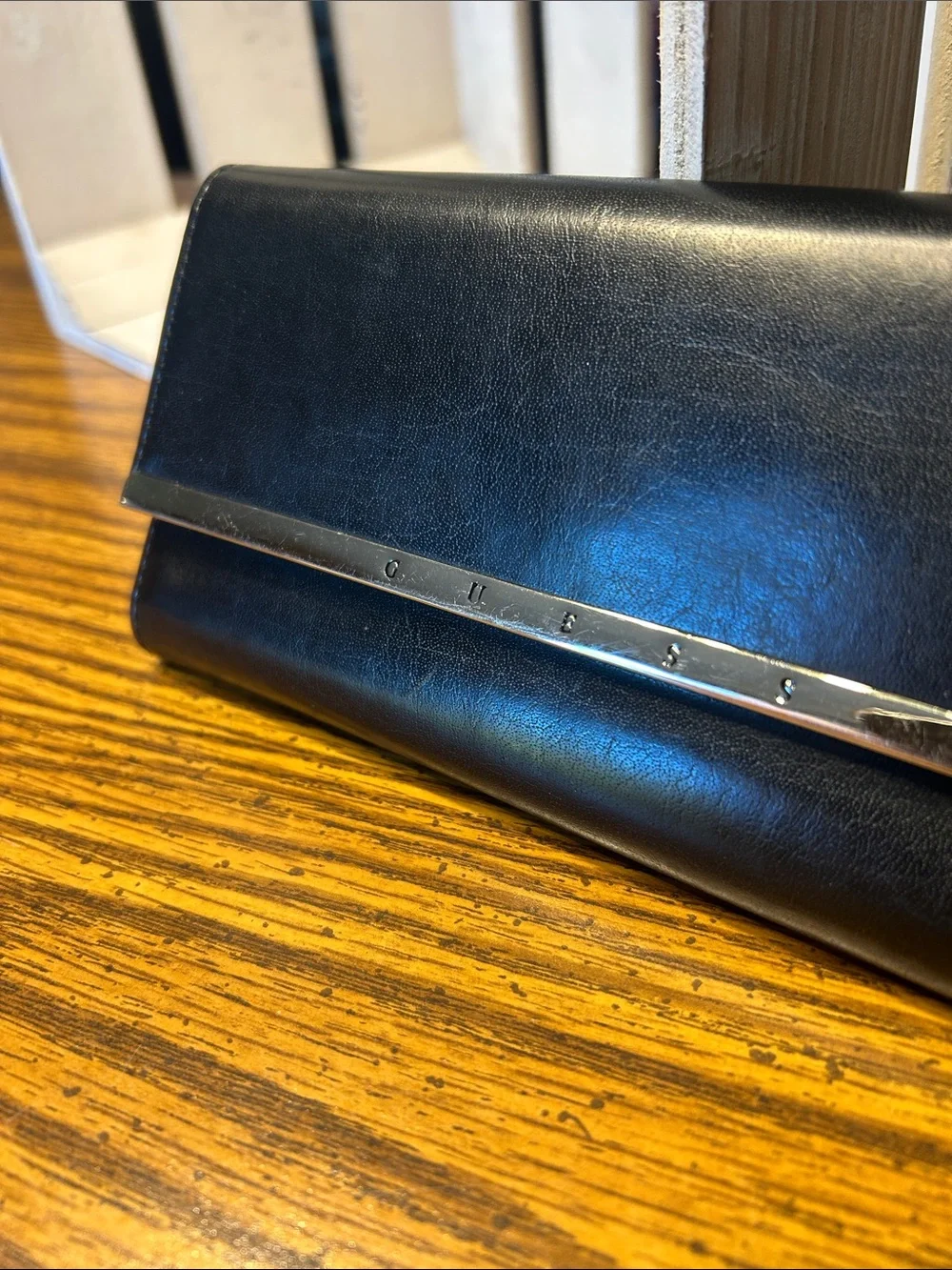 Guess Black Leather Clutch Wallet with Silver Bar Detail